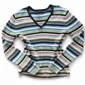 VINTAGE Y2K Striped Colorful V-Neck Sweater Medium *no tags